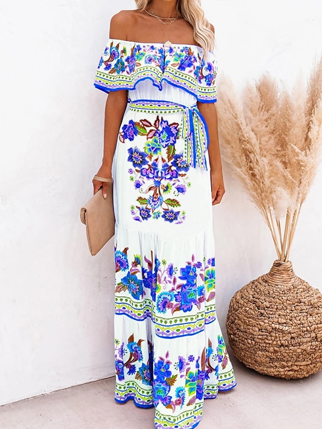 Women's Swing Dress Boho Dress Maxi long Dress White Yellow Blue Short ...