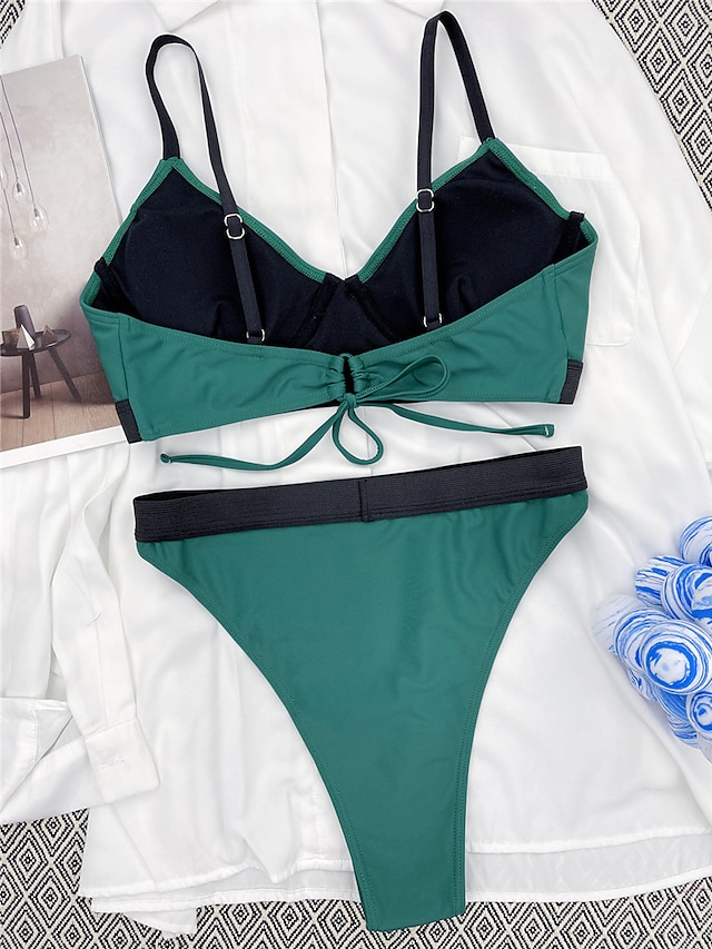 Womens Clothing Womens Swimwear | Womens Swimwear Bikini 2 Piece Normal Swimsuit Open Back Pure Color Army Green Camisole Strap 