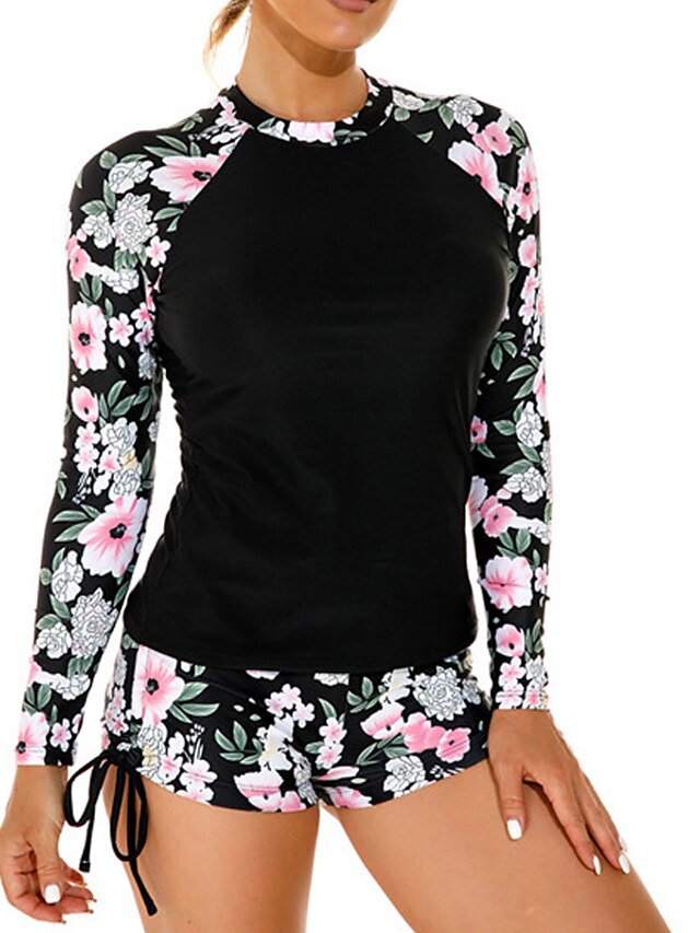 Womens Clothing Womens Swimwear | Womens Swimwear Rash Guard Diving 2 Piece Normal Swimsuit Printing Floral Black Scoop Neck Bat