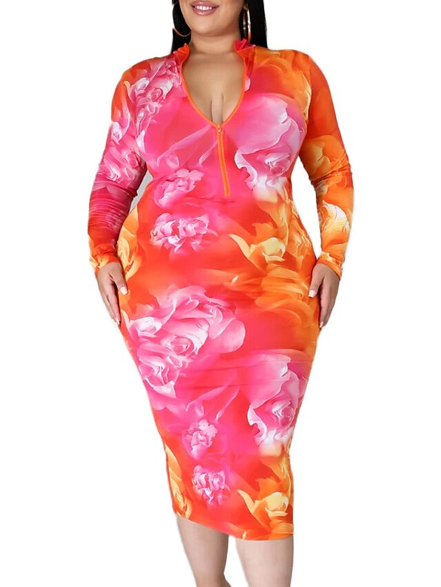 Womens Clothing Plus Size Collection | Womens Plus Size Sheath Dress Floral Turtleneck Print Long Sleeve Spring Summer Work Midi