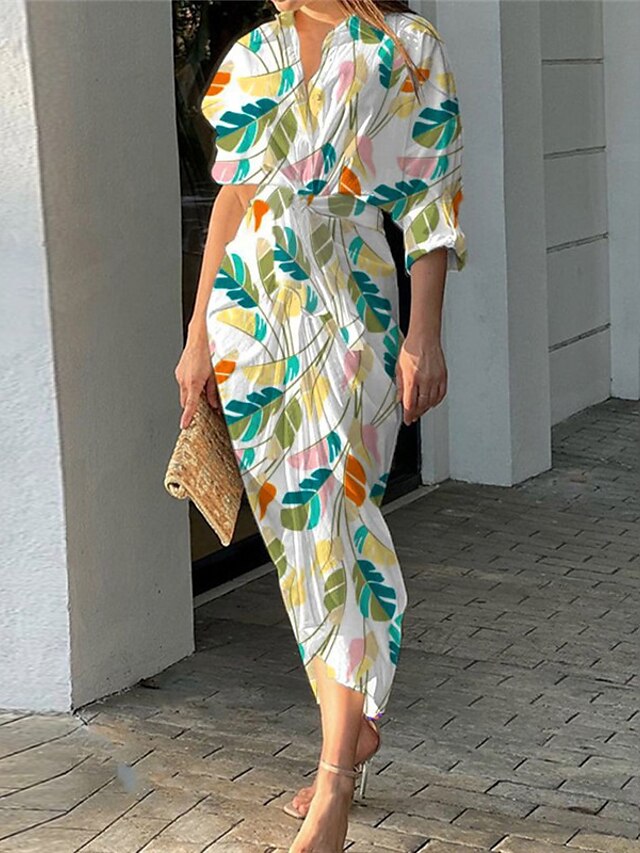 Womens Clothing Womens Dresses | Womens Bodycon Maxi long Dress Green Purple Half Sleeve Floral Print Spring Summer V Neck Styli