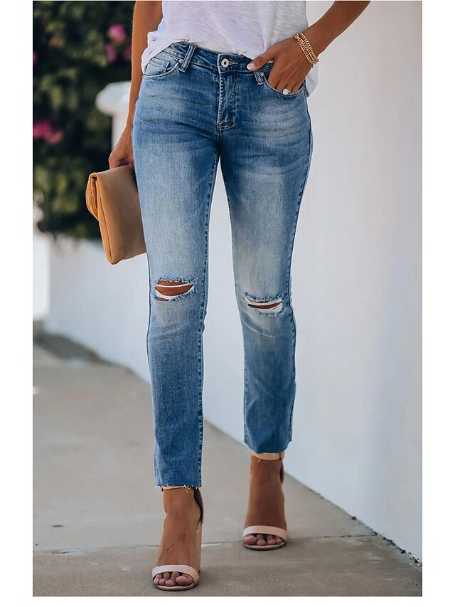 Per donna Di tendenza Jeans Jeans strappati Tasche laterali Tagliato Alla  caviglia Pantaloni Informale Fine settimana Media elasticità Liscio Comfort  Vita normale Blu S M L XL XXL del 9114667 2022 a $31.63