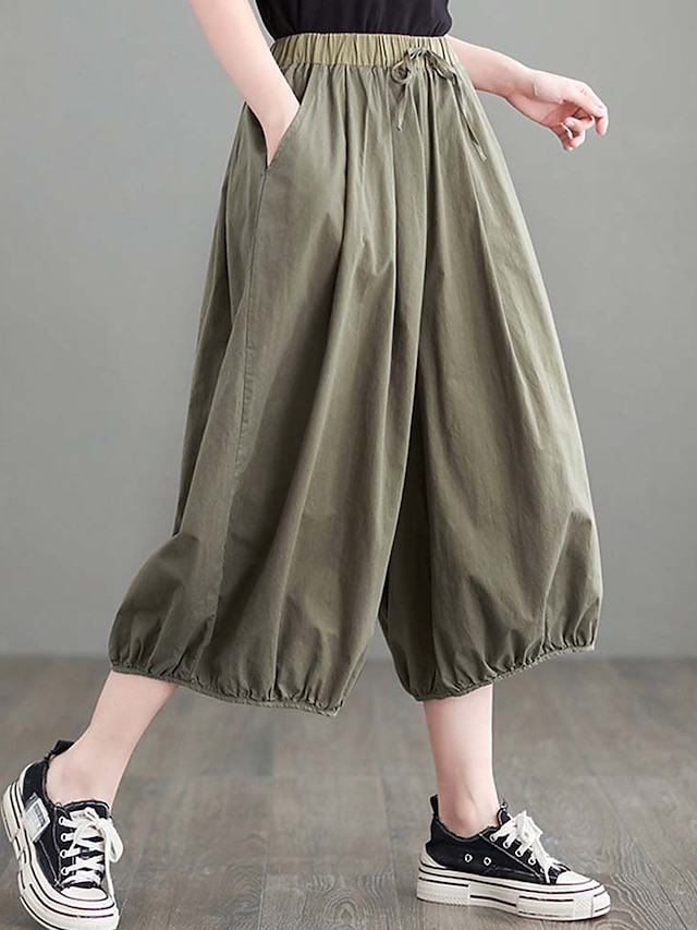 Womens Clothing Womens Bottoms | Womens Fashion Chinos Wide Leg Side Pockets Elastic Drawstring Design Calf-Length Pants Casual 