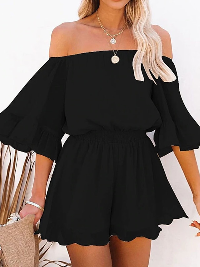 Womens Clothing Womens Jumpsuits & Rompers | Womens Romper Ruffle Solid Color Off Shoulder Casual Street Daily Regular Fit Half 