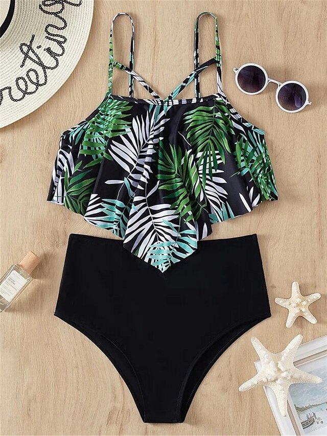 Womens Clothing Womens Swimwear | Womens Swimwear Bikini 2 Piece Normal Swimsuit Ruffle Open Back Printing High Waisted Leaf Gre