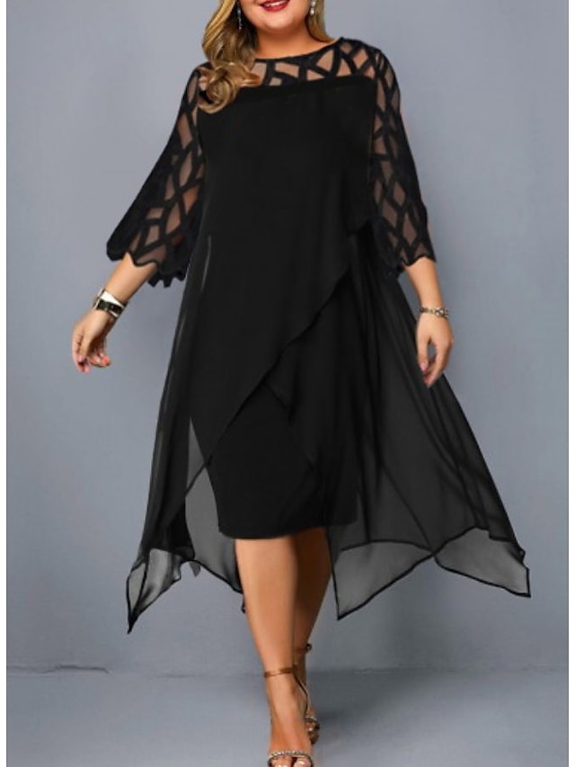 Womens Clothing Plus Size Collection | Womens Plus Size A Line Dress Solid Color Round Neck Lace 3/4 Length Sleeve Spring Summer