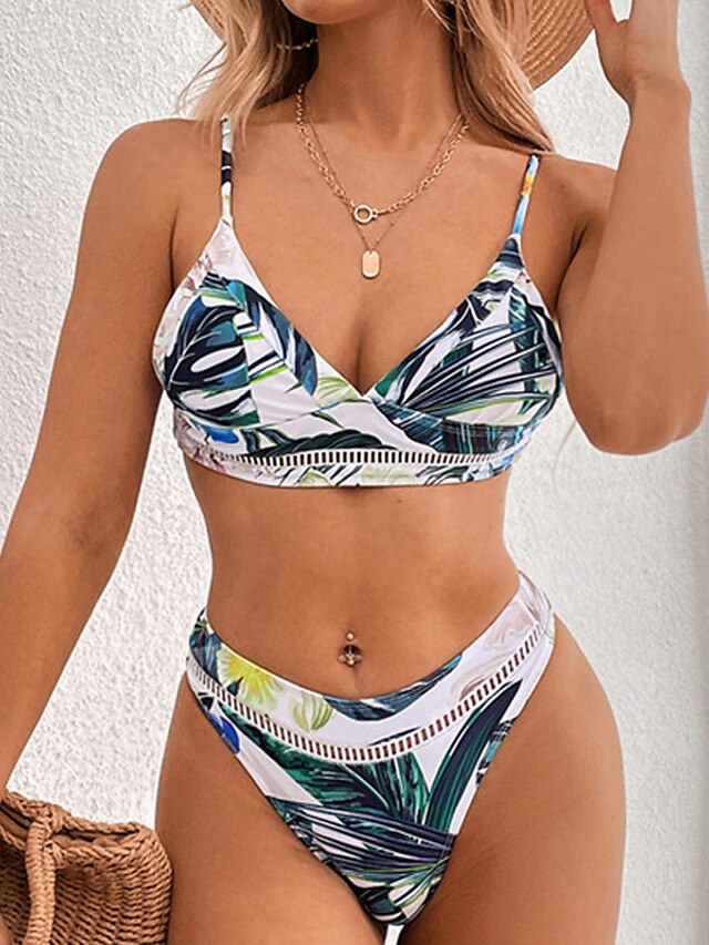 Womens Clothing Womens Swimwear | Womens Swimwear Bikini 2 Piece Normal Swimsuit Open Back Printing Leaves Green Strap Bathing S