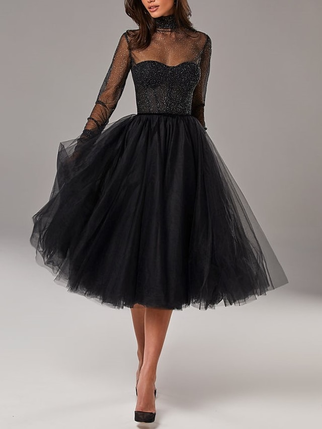  μαύρο φόρεμα σε γραμμή κοκτέιλ vintage φόρεμα επιστροφή στο σπίτι κοκτέιλ πάρτι μακρυμάνικο γόνατο ψηλό λαιμό Τετάρτη addams οικογενειακό τούλι με πιέτες καθαρό χρώμα 2024