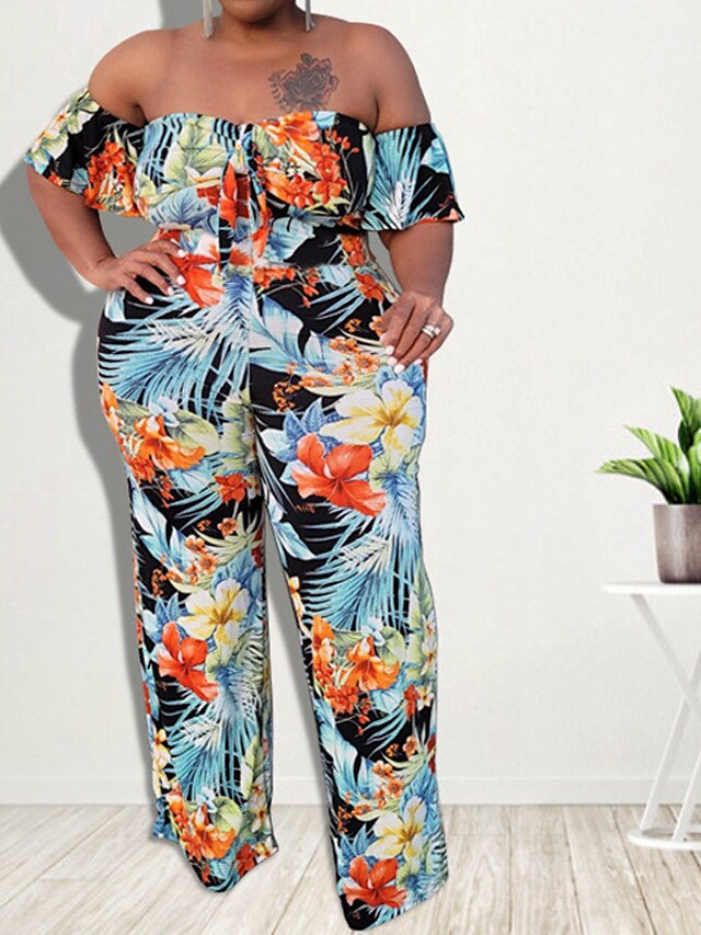 Womens Clothing Plus Size Collection | Womens Plus Size Jumpsuit Ruffle Print Floral Tropical Tropical Leaf Vacation Streetwear 