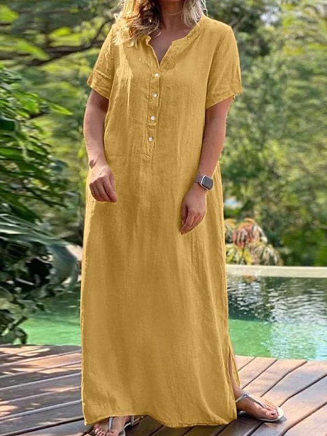 Womens Clothing Womens Dresses | Womens Shift Dress Maxi long Dress Green Black Yellow Short Sleeve Solid Color Split Spring Sum