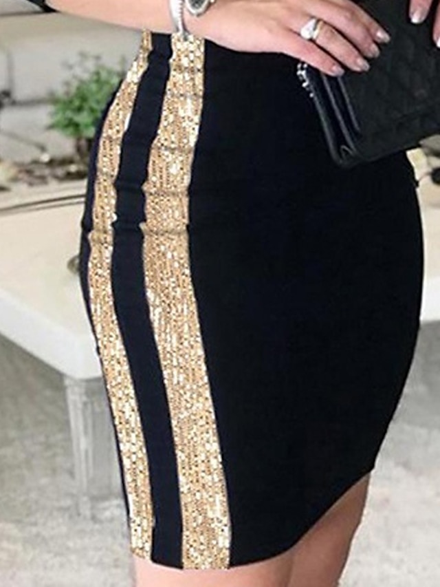 Womens Clothing Womens Dresses | Womens Bodycon Knee Length Dress Black 3/4 Length Sleeve Color Block Sequins Patchwork Spring S