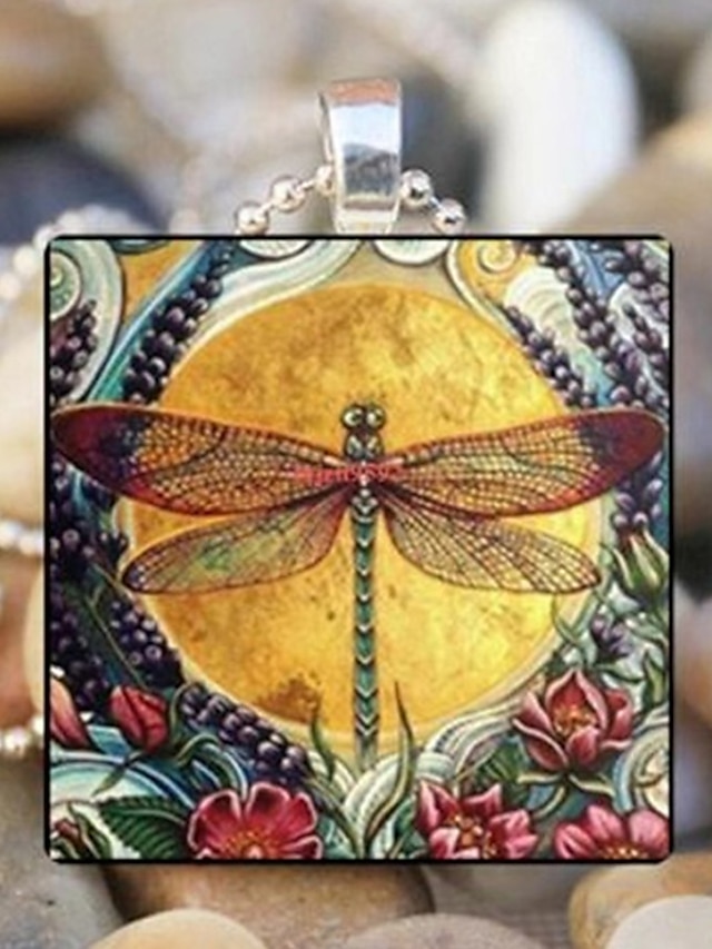  Women's necklace Vintage Street Style & Glass Insect Pendant Necklace for Women / Dragonfly / Blue / Green / Yellow