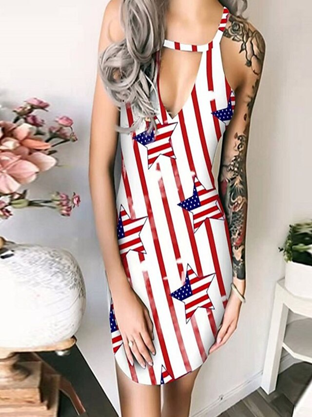 Womens Clothing Womens Dresses | Womens Bodycon Short Mini Dress White Blue Wine Dark Blue Orange Red Sleeveless Striped Color B