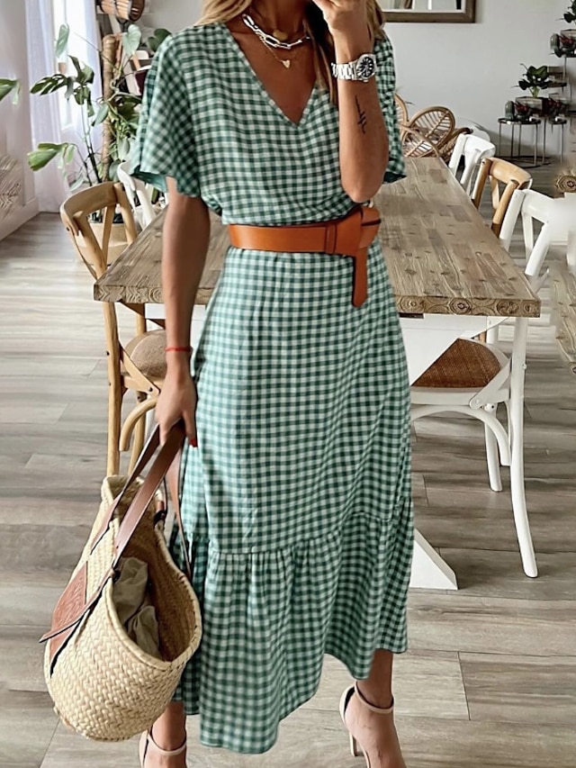 Womens Clothing Womens Dresses | Womens A Line Dress Maxi long Dress Green Short Sleeve Plaid Ruched Spring Summer V Neck Casual