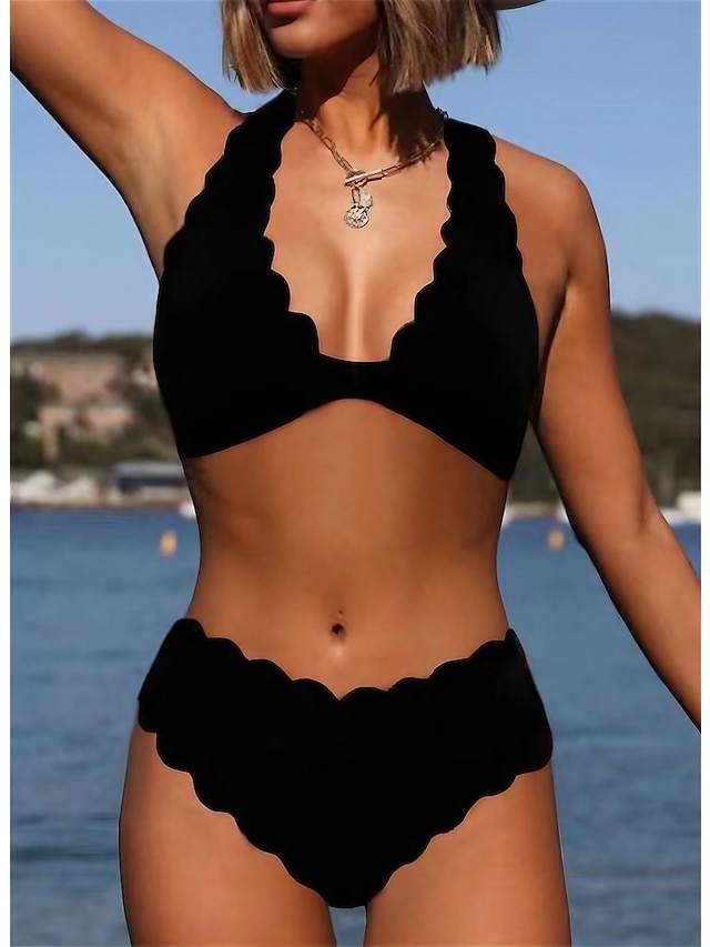  Women's Swimwear Bikini 2 Piece Plus Size Swimsuit Backless Halter Pure Color Black Halter V Wire Bathing Suits New Vacation Sexy