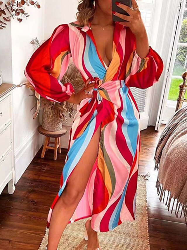 Womens Clothing Womens Dresses | Womens A Line Dress Midi Dress Green Blue Fuchsia Orange Red Long Sleeve Striped Print Geometri