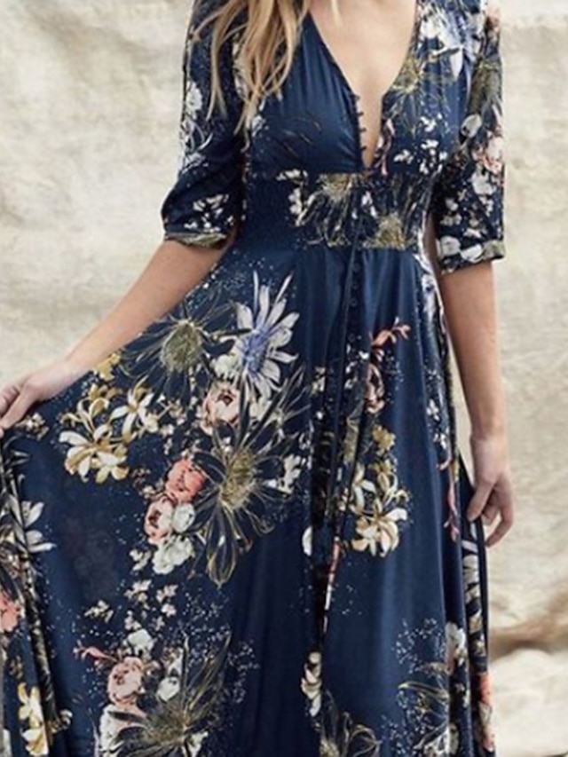 Womens Clothing Womens Dresses | Womens Swing Dress Maxi long Dress Blue Half Sleeve Floral Color Block Patchwork Print Spring S