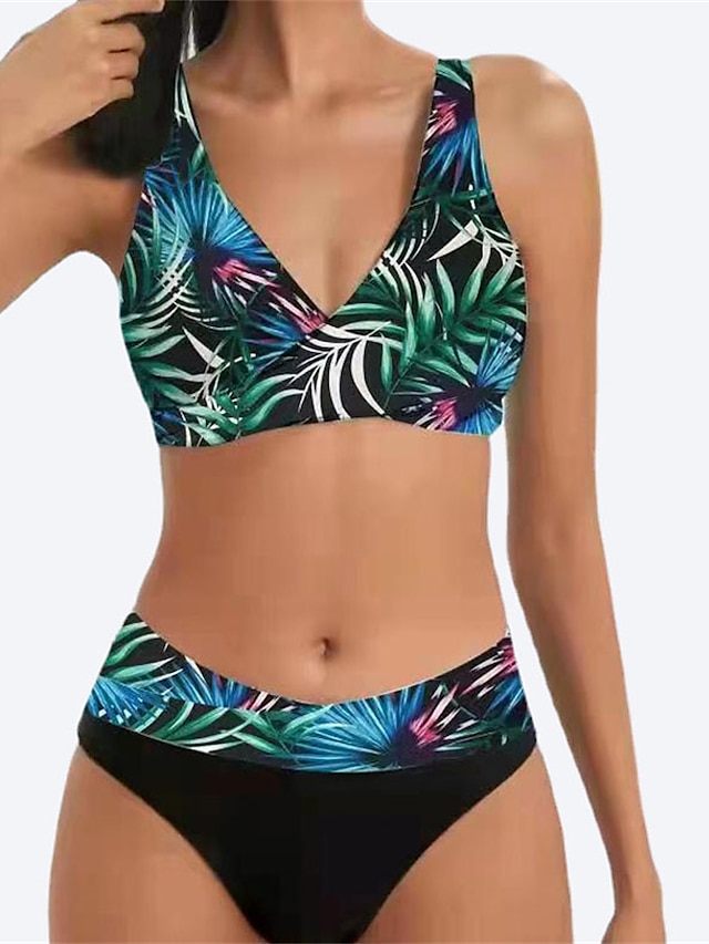  Damen Normal Badeanzug Bikinis 2 Stück Bademode Rückenfrei 2 teilig Push-Up Hosen Sexy Print Farbverlauf Blatt V-Wire Ausschnitt Urlaub Stilvoll Badeanzüge