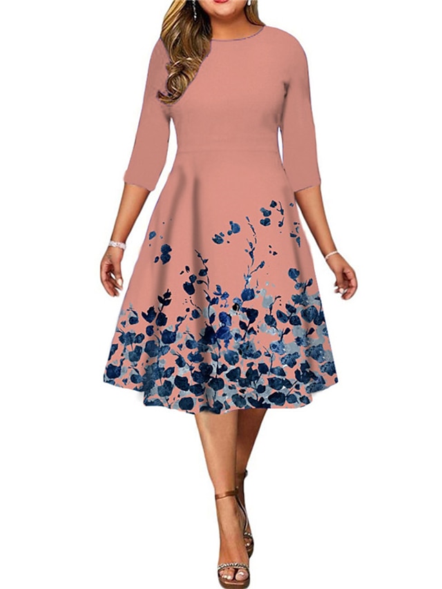 Womens Clothing Plus Size Collection | Womens Plus Size A Line Dress Floral Round Neck Print 3/4 Length Sleeve Spring Summer Wor