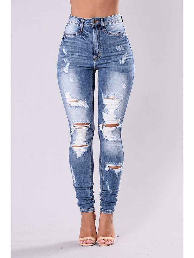  Mulheres Jeans Magro Calças Comprimento total Denim Bolsos laterais Com Corte Micro-Elástica Moda Casual / Diário Azul S M