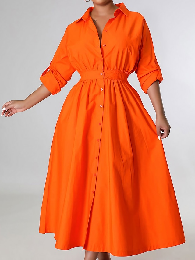  naisten rento mekko keinu mekko pitkä mekko maxi mekko sininen keltainen oranssi pitkähihainen puhdas väri tasku talvi syksy syksy paita kaulus talvimekko viikonloppu syksy mekko löysä istuvuus 2023