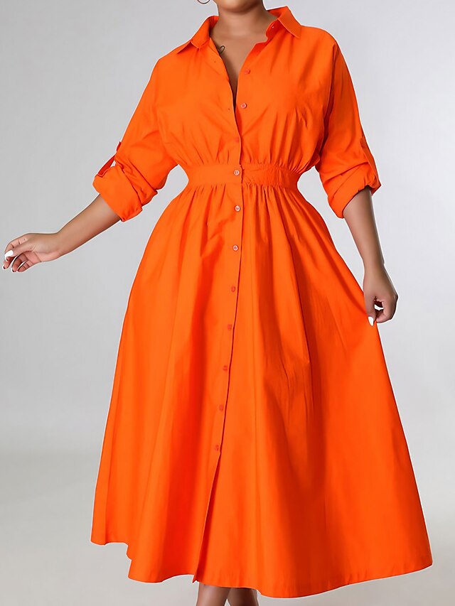  damen freizeitkleid swingkleid langes kleid maxikleid blau gelb orange langarm reine farbe tasche winter herbst herbst hemdkragen winterkleid wochenende herbstkleid lockere passform 2023 s m l xl xxl