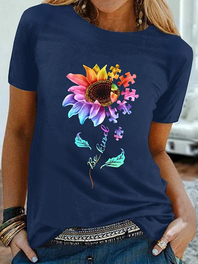 Womens Clothing Womens Tops | Womens Sunflower Casual Weekend Floral Painting T shirt Tee Short Sleeve Print Round Neck Basic Es