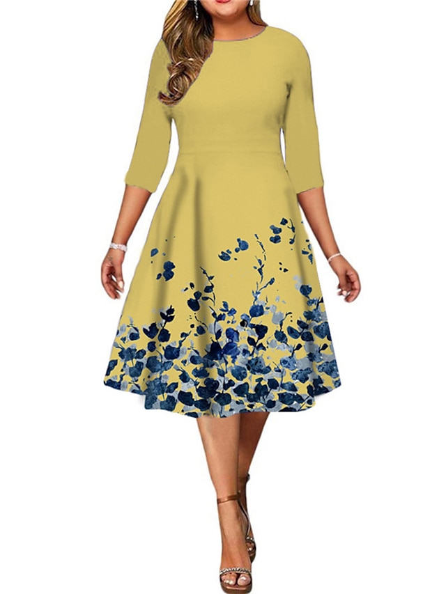 Womens Clothing Plus Size Collection | Womens Plus Size A Line Dress Floral Round Neck Print 3/4 Length Sleeve Spring Summer Wor