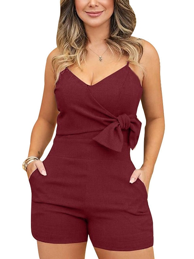 Womens Clothing Womens Jumpsuits & Rompers | Womens Romper Backless Bow Solid Color V Neck Casual Going out Weekend Regular Fit 