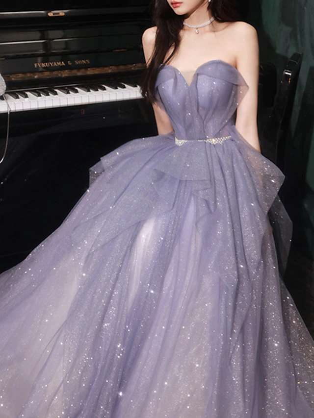 A-Line Prom Dresses Sparkle & Shine Dress Wedding Guest Birthday Floor Length Sleeveless Off Shoulder Tulle with Sequin dress to impress 7