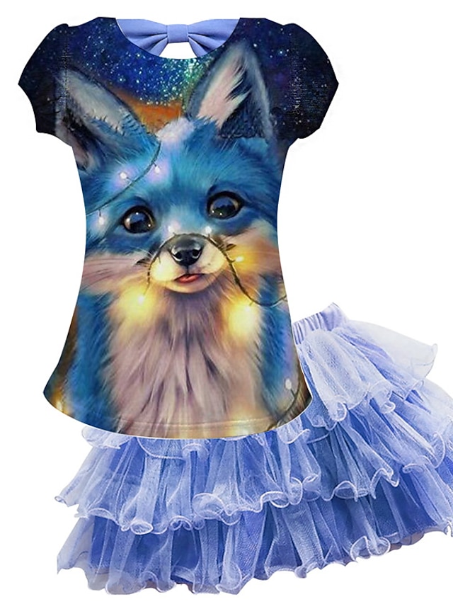 Baby & Kids Girls Clothing | Kids Girls T-shirt & Skirt Skirt Set Clothing Set 2 Pieces Short Sleeve Blue Fox Animal Mesh Bow Pr