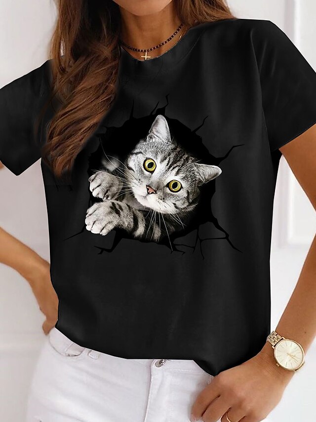  Women's T shirt Tee Cat 3D Casual Weekend 3D Cat Painting Short Sleeve T shirt Tee Round Neck Print Basic Essential White Black S / 3D Print