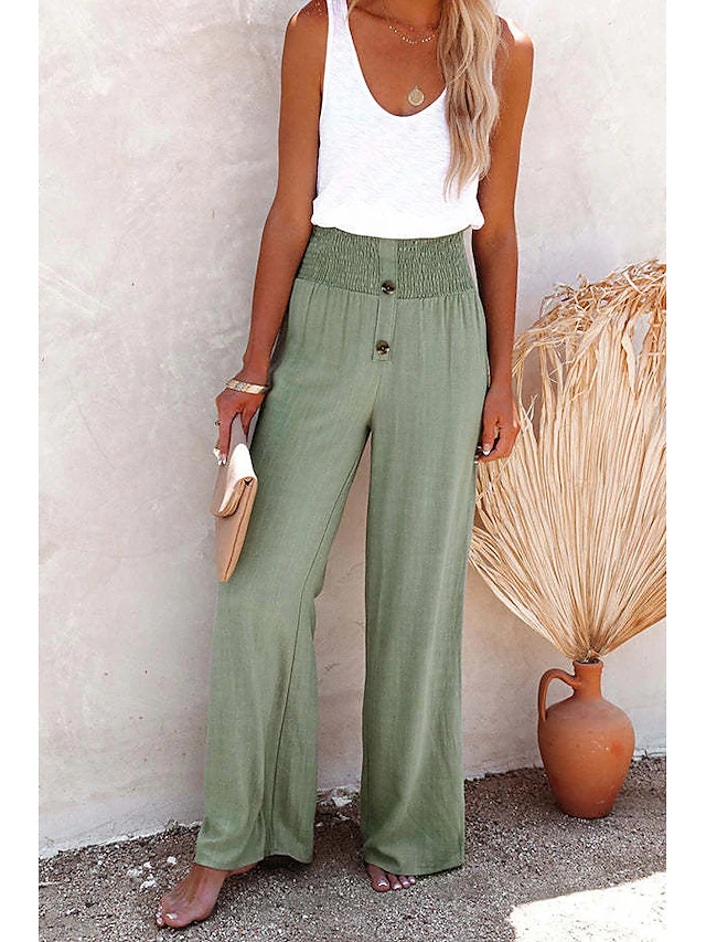 Women's Wide Leg Cotton Linen Pants Baggy Pants Vacation Solid Full Length Mid Waist Elastic Waist Wide Leg Baggy Comfort Micro-elastic Casual Holiday Black White Wine Green Summer Spring Regular Fit 10