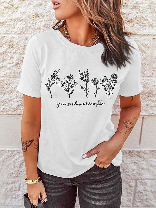 Womens Clothing Womens Tops | Womens Casual Holiday Weekend Painting T shirt Tee Floral Text Short Sleeve Print Round Neck Basic