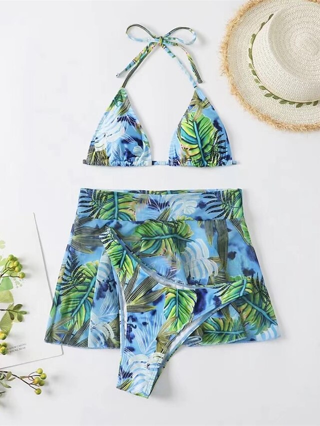 Womens Clothing Womens Swimwear | Womens Swimwear Bikini Three Piece Normal Swimsuit Open Back Printing string Leaves Blue Halte