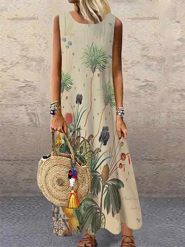 Womens Clothing Womens Dresses | Womens Shift Dress Maxi long Dress Khaki Sleeveless Floral Print Print Spring Summer Round Neck