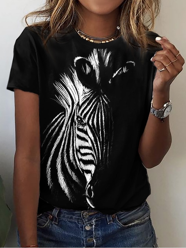  Women's T shirt Tee Black Print Zebra Casual Weekend Short Sleeve Round Neck Basic Regular Painting S