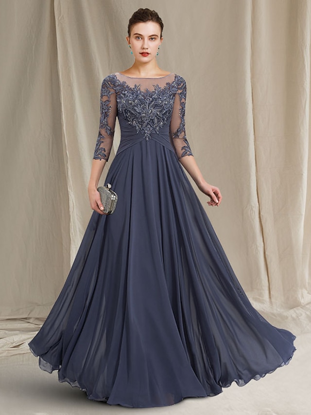  A-Line Mother of the Bride Dress Elegant Jewel Neck Floor Length Chiffon Lace 3/4 Length Sleeve with Pleats Appliques 2022