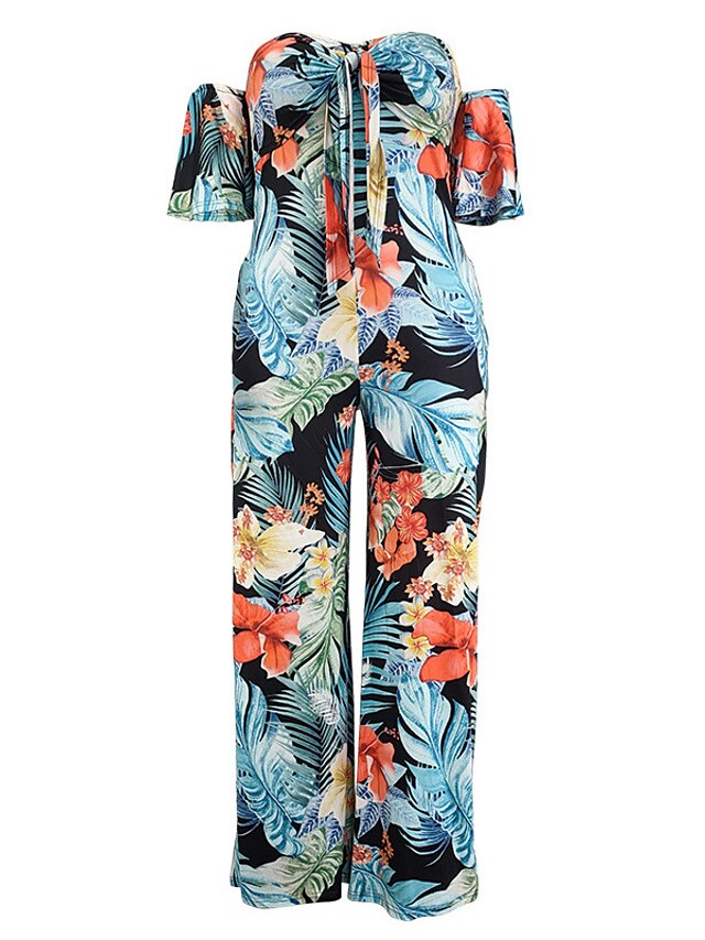 Womens Clothing Plus Size Collection | Womens Plus Size Jumpsuit Ruffle Print Floral Tropical Tropical Leaf Vacation Streetwear 