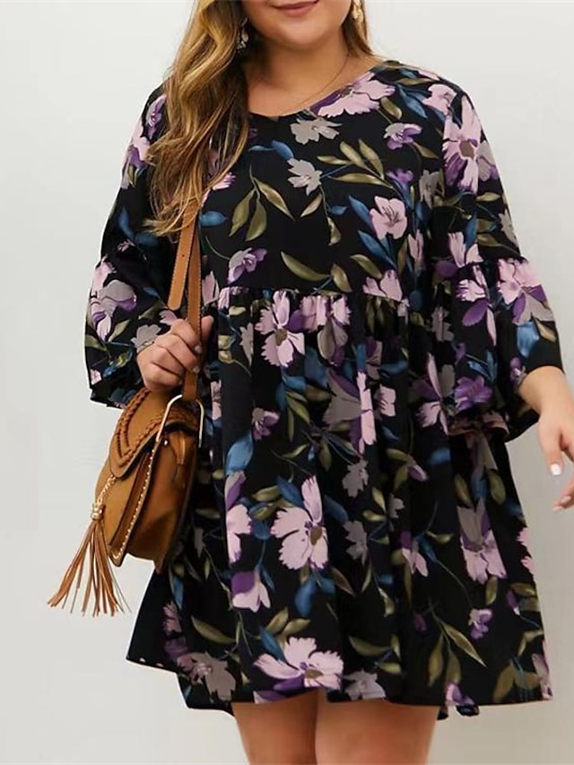 Womens Clothing Plus Size Collection | Womens Plus Size Shift Dress Floral V Neck Ruffle 3/4 Length Sleeve Spring Summer Casual 