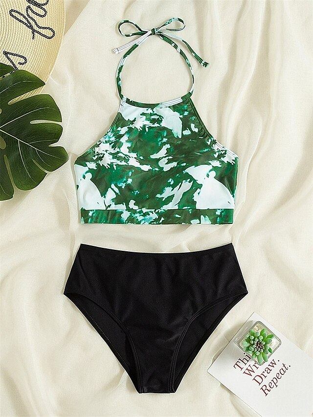 Womens Clothing Womens Swimwear | Womens Swimwear Bikini 2 Piece Normal Swimsuit Open Back Printing High Waisted Tie Dye Green W