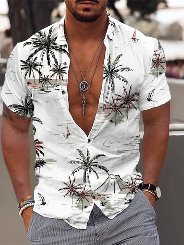  Herre Skjorte Hawaii skjorte Grafisk skjorte Aloha skjorte Kokos palme Aloha Aftæpning Lys Lyserød Hvid Gul Navyblå Himmelblå Trykt mønster udendørs Gade Kortærmet Trykt mønster Knap ned Tøj Mode