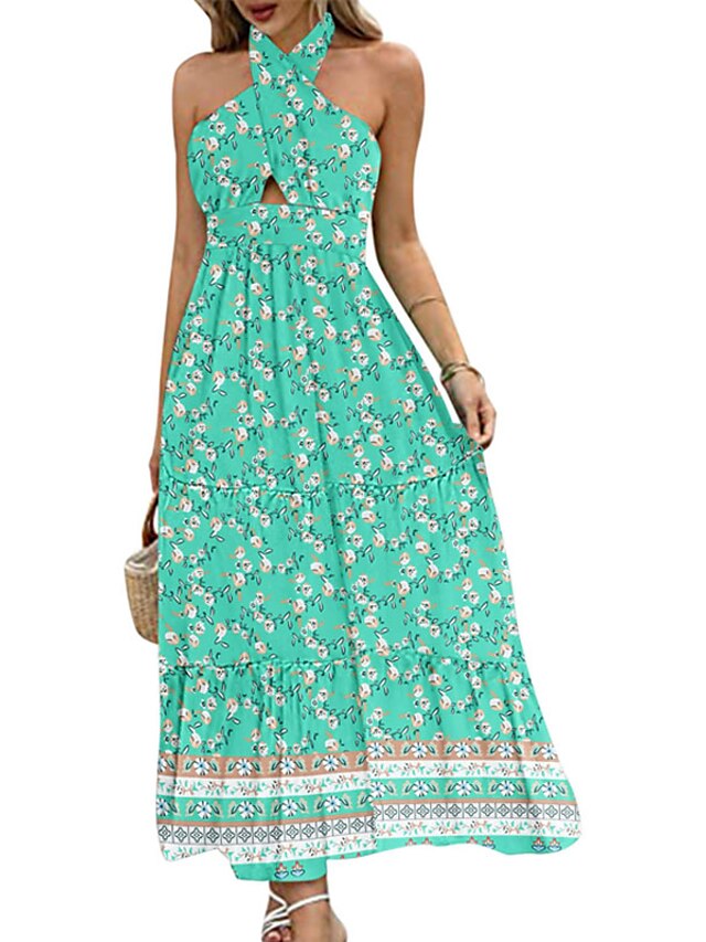 Womens Clothing Womens Dresses | Womens A Line Dress Maxi long Dress Green Blue Light Green Wine Red Sleeveless Floral Backless 