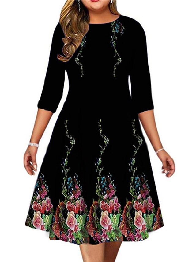 Womens Clothing Plus Size Collection | Womens Plus Size A Line Dress Floral Round Neck Print 3/4 Length Sleeve Spring Summer Wor