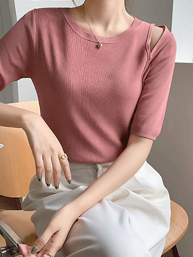 Womens Clothing Sweaters & Cardigans | Womens Pullover Sweater Jumper Knit Knitted Hole Pure Color Crew Neck Stylish Casual Dail