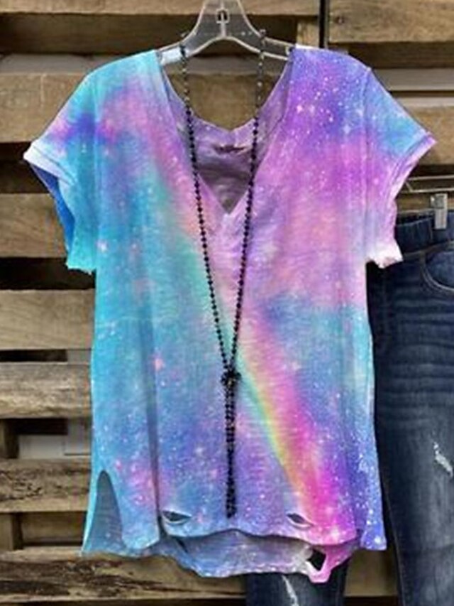 Womens Clothing Plus Size Collection | Womens Plus Size Tops T shirt Color Gradient Tie Dye Print Short Sleeve V Neck Streetwear