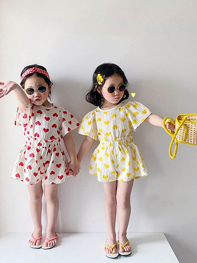 Baby & Kids Girls Clothing | Kids Toddler Girls T-shirt & Shorts Clothing Set 2 Pieces Short Sleeve Yellow Red Heart Peplum Prin