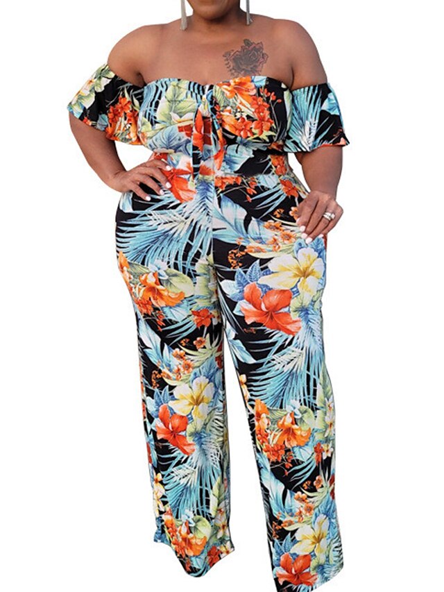 Womens Clothing Plus Size Collection | Womens Plus Size Jumpsuit Ruffle Print Floral Tropical Tropical Leaf Vacation Streetwear 