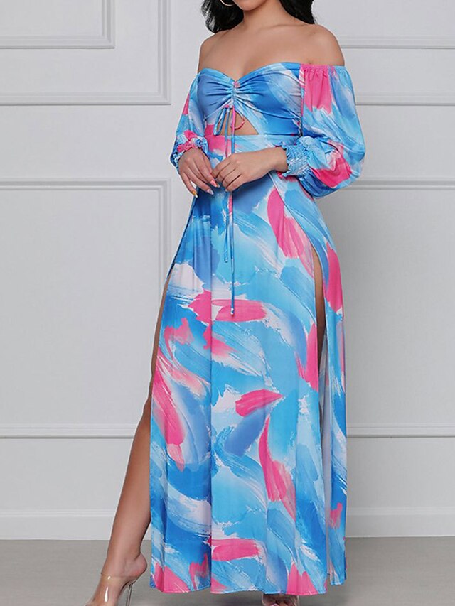 Womens Clothing Womens Dresses | Womens A Line Dress Maxi long Dress Blue Red Long Sleeve Print Split Print Spring Summer Off Sh