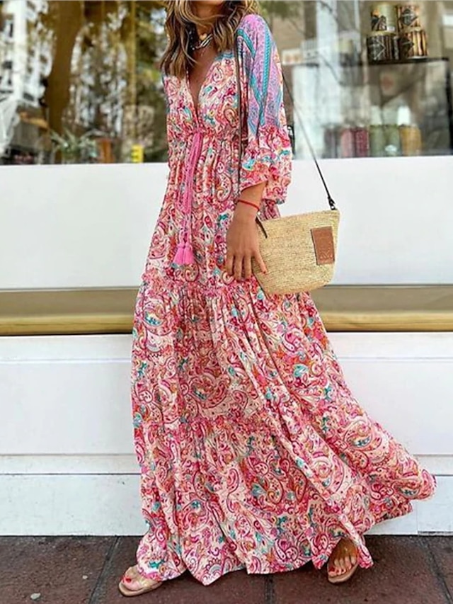  Women's Ruched Print V Neck Maxi long Dress Daily 3/4 Length Sleeve Fall Winter